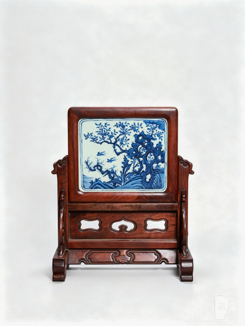 明万历 青花洞石花鸟纹瓷板